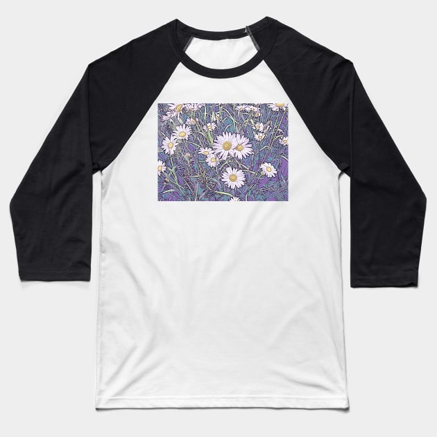 Wildflower Daisies in Field of Purple and Teal Baseball T-Shirt by ConniSchaf